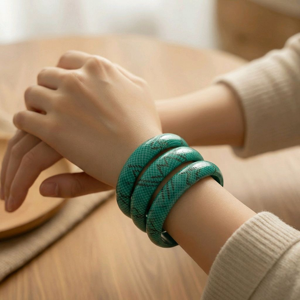 Women's Vintage Teal & Brown Snake Print Cunky Wood Bangle Bracelets Set of 3